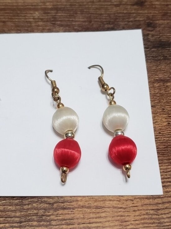Jewelry - gold tone red and white ball statement dangling earrings